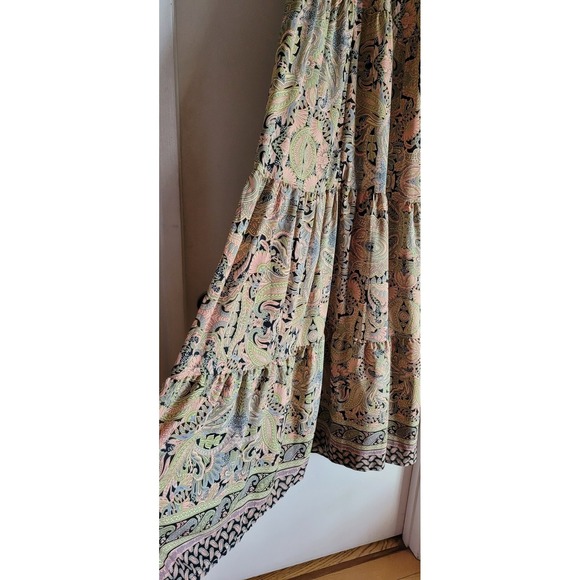 Boemo  Green Maxi Dress XL Tiered Paisley Halter Ruffle Neck Tasseled Ties Boho - Picture 2 of 6